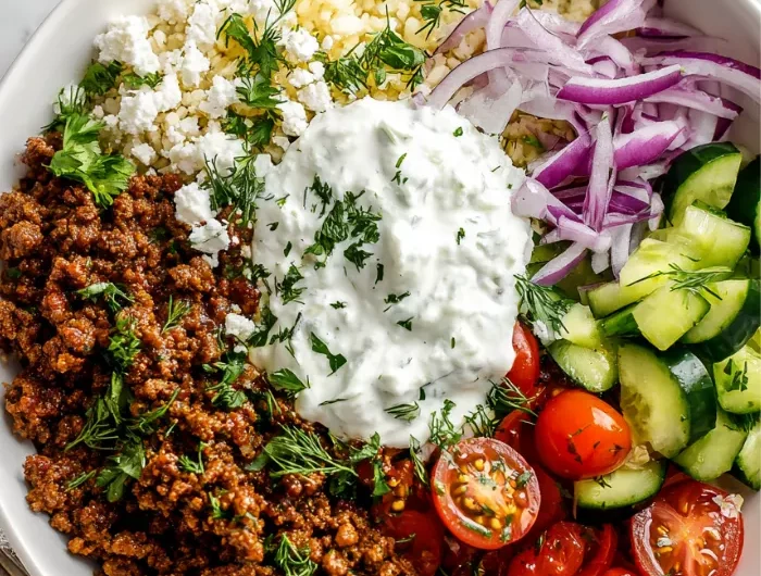 Greek Ground Beef Bowl with Tzatziki Recipe