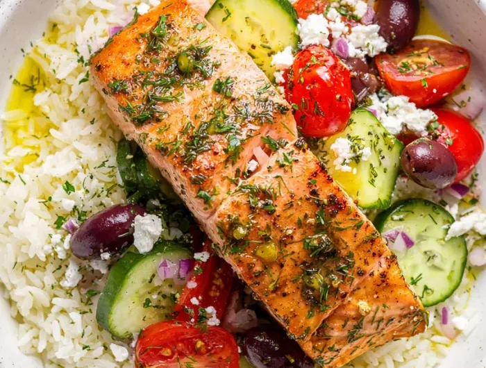 Greek Salmon with Lemon Rice Bowl Recipe